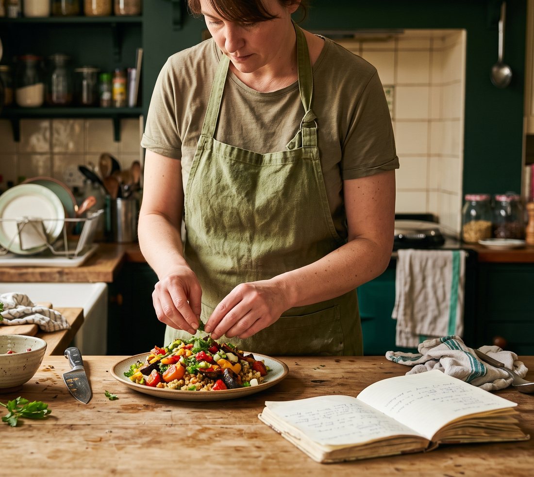 A home cook in a green apron finishing a colourful grain and roast-vegetable dish at a wooden kitchen counter, with fresh herbs and a recipe notebook beside her
