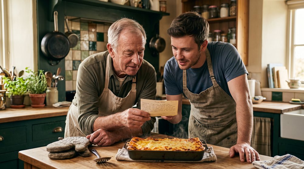An older man and a younger man in aprons studying a handwritten recipe card beside a freshly baked, bubbling lasagne