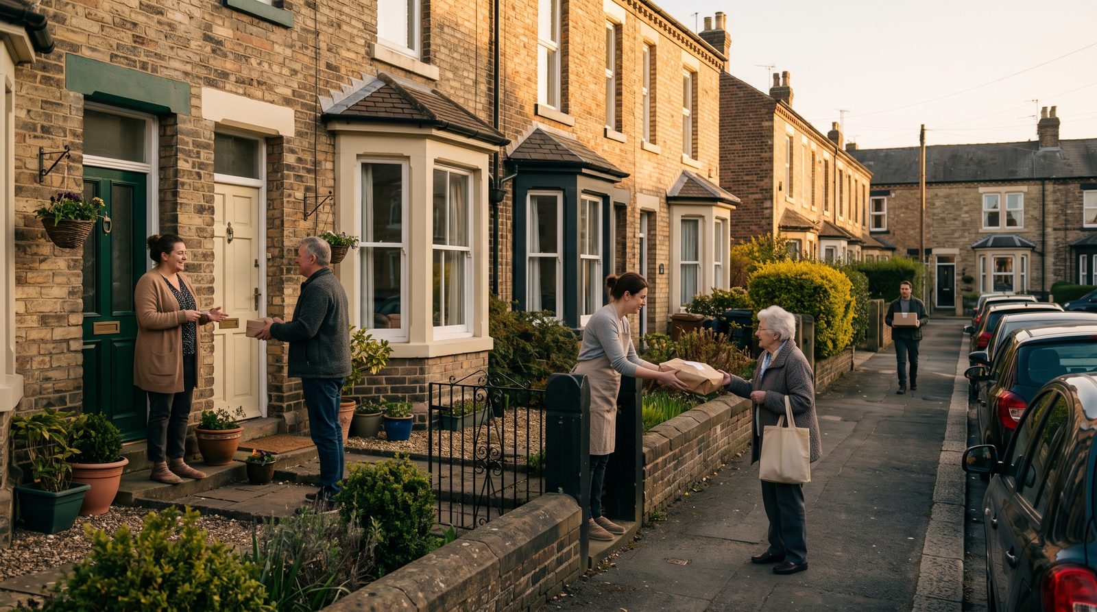 A quiet British terraced street at golden hour, where neighbours hand over packaged home-cooked meals at front doors and over a garden gate